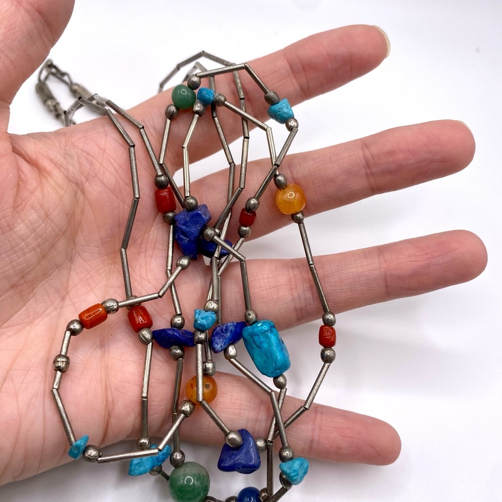 Vintage Double Strand Liquid Sterling Silver Multi Gemstone Necklace - Picture 8 of 8